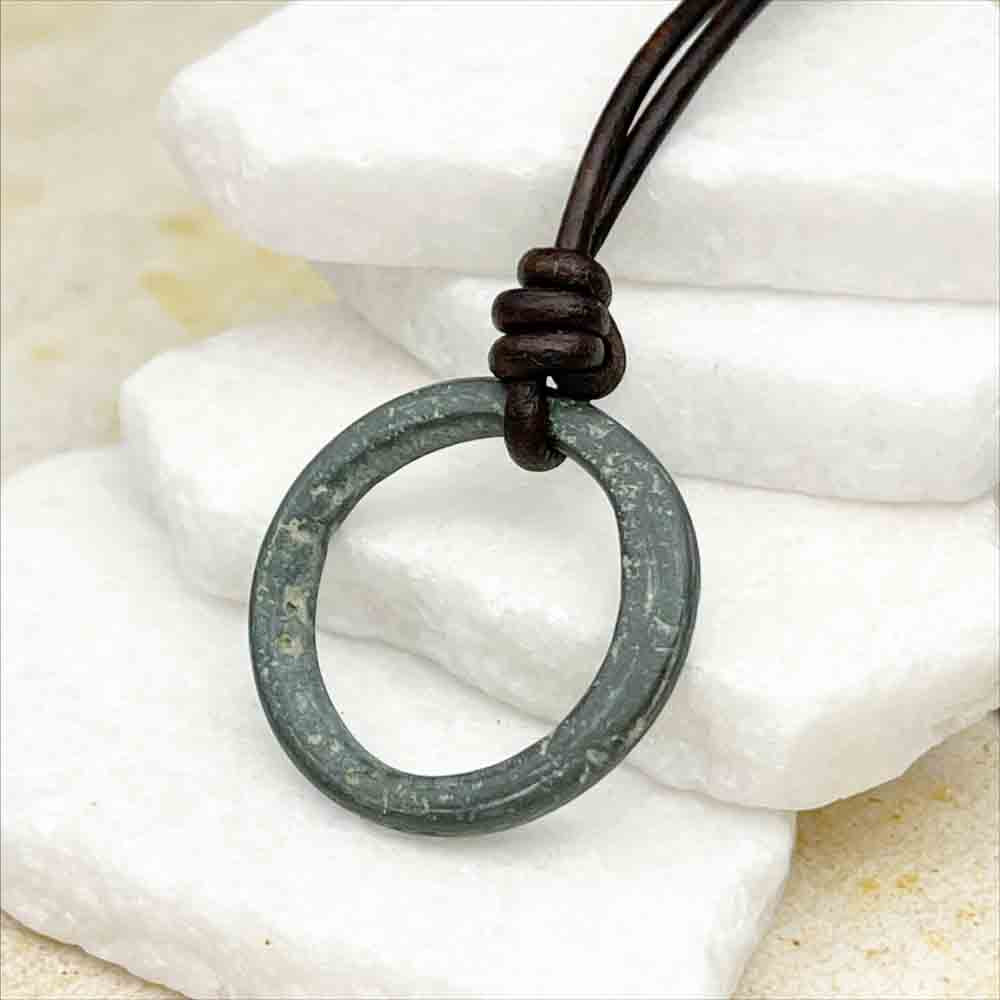 Light to Dark Flecked Green Bronze Celtic Ring Money Leather Necklace